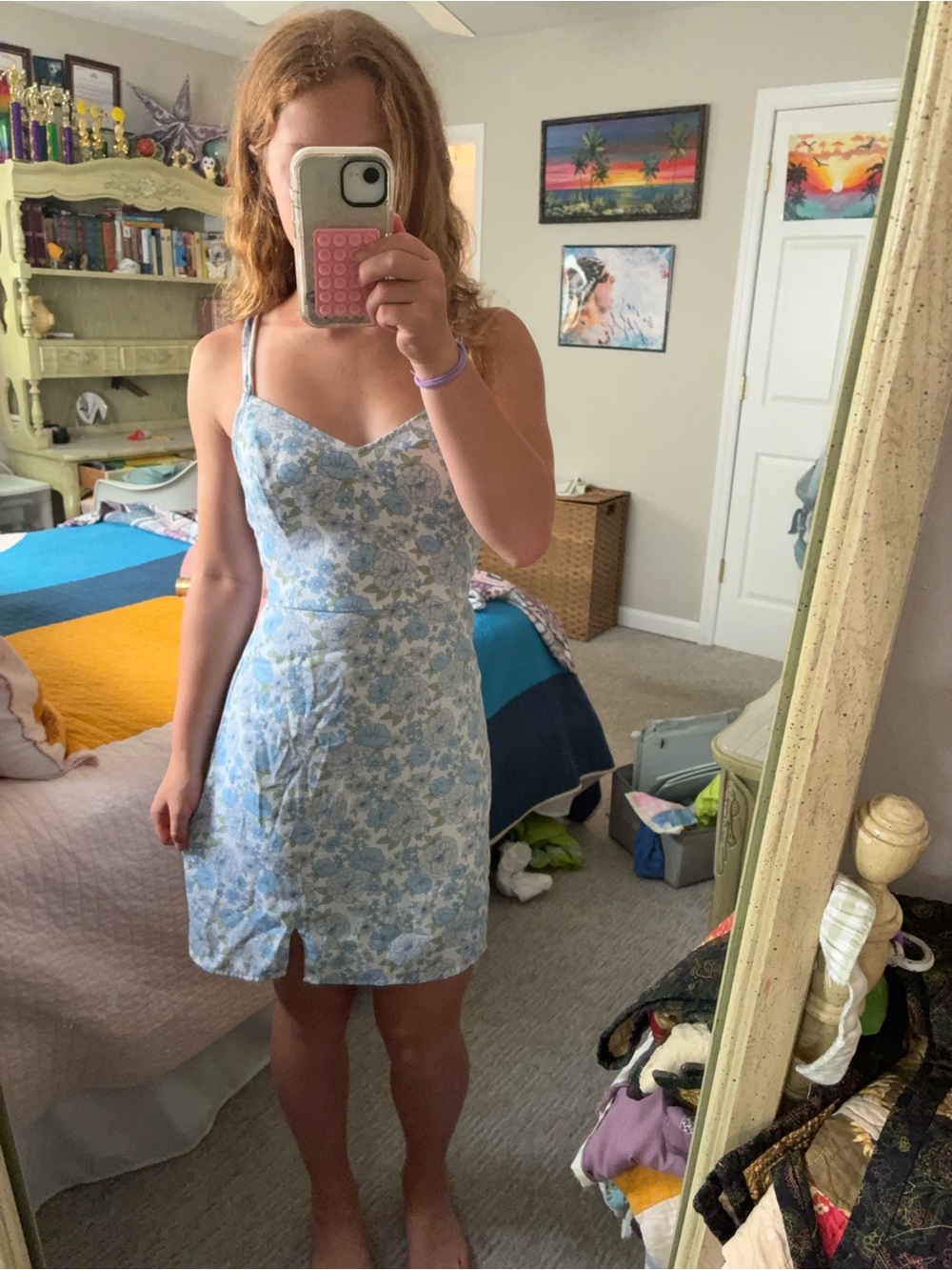 Hollister Light Blue Floral Slip Dress with Spaghetti Straps